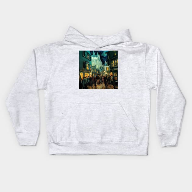 Starry Night in Diagon Alley Kids Hoodie by Grassroots Green